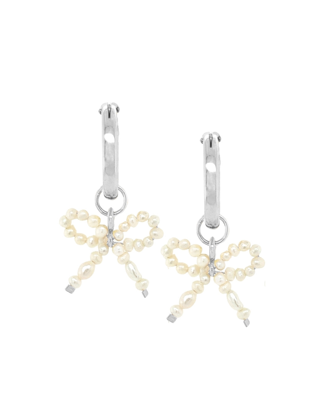 Sterling Silver freshwater pearl bow charms on silver hoop earrings