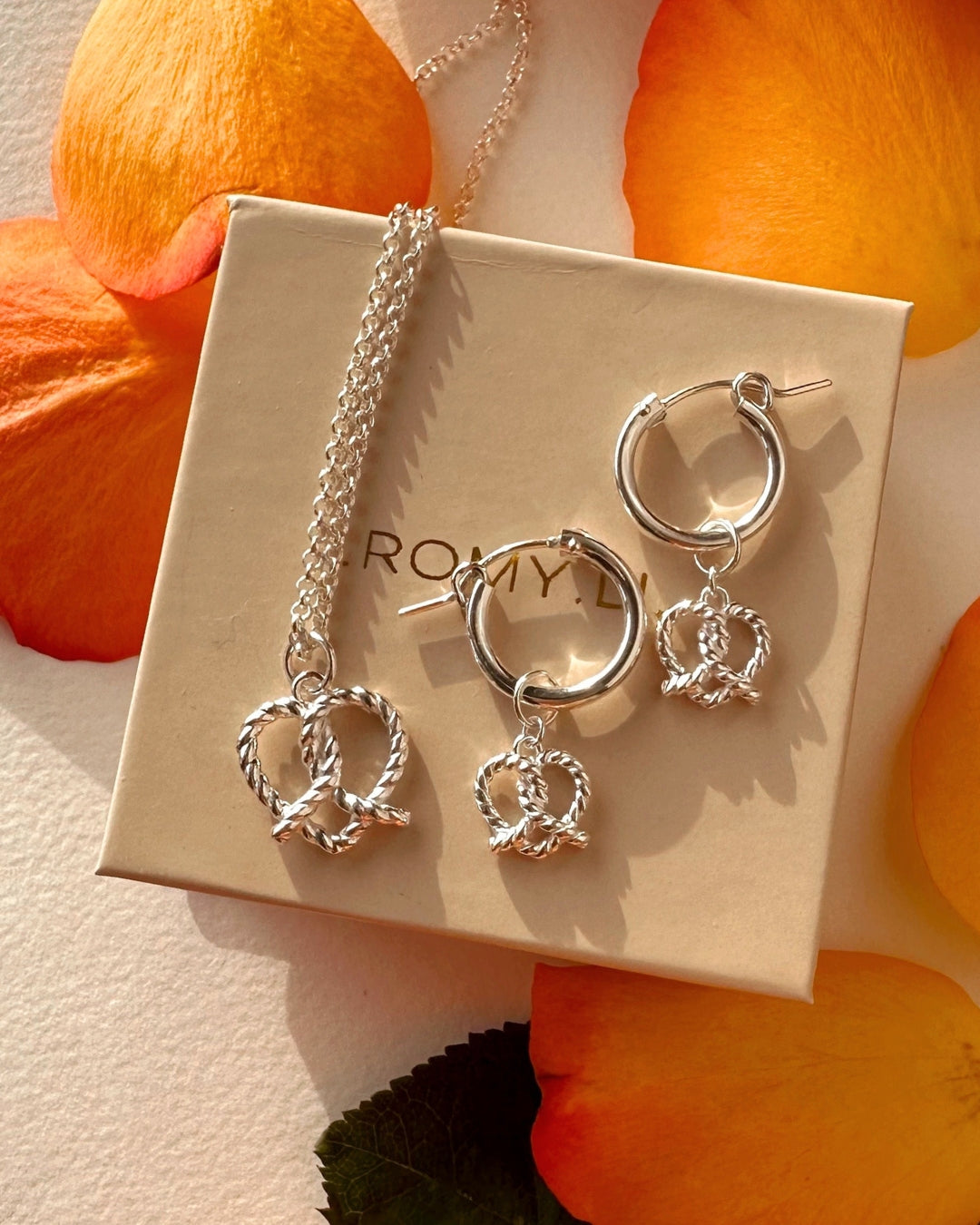 925 Sterling Silver Pretzel Heart Earring Charms on silver hoop Huggie earrings