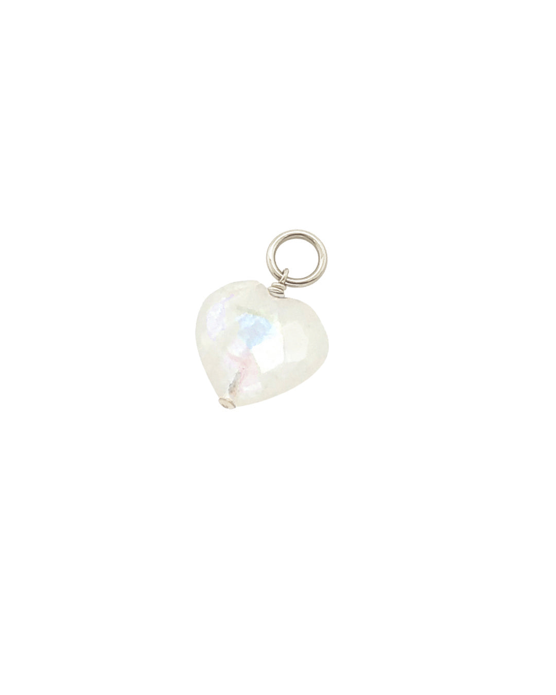 Close up of Sterling Silver Moonstone Heart Earring Charm, compatible with our hoops from our Silver Mix and Match Earrings collection.