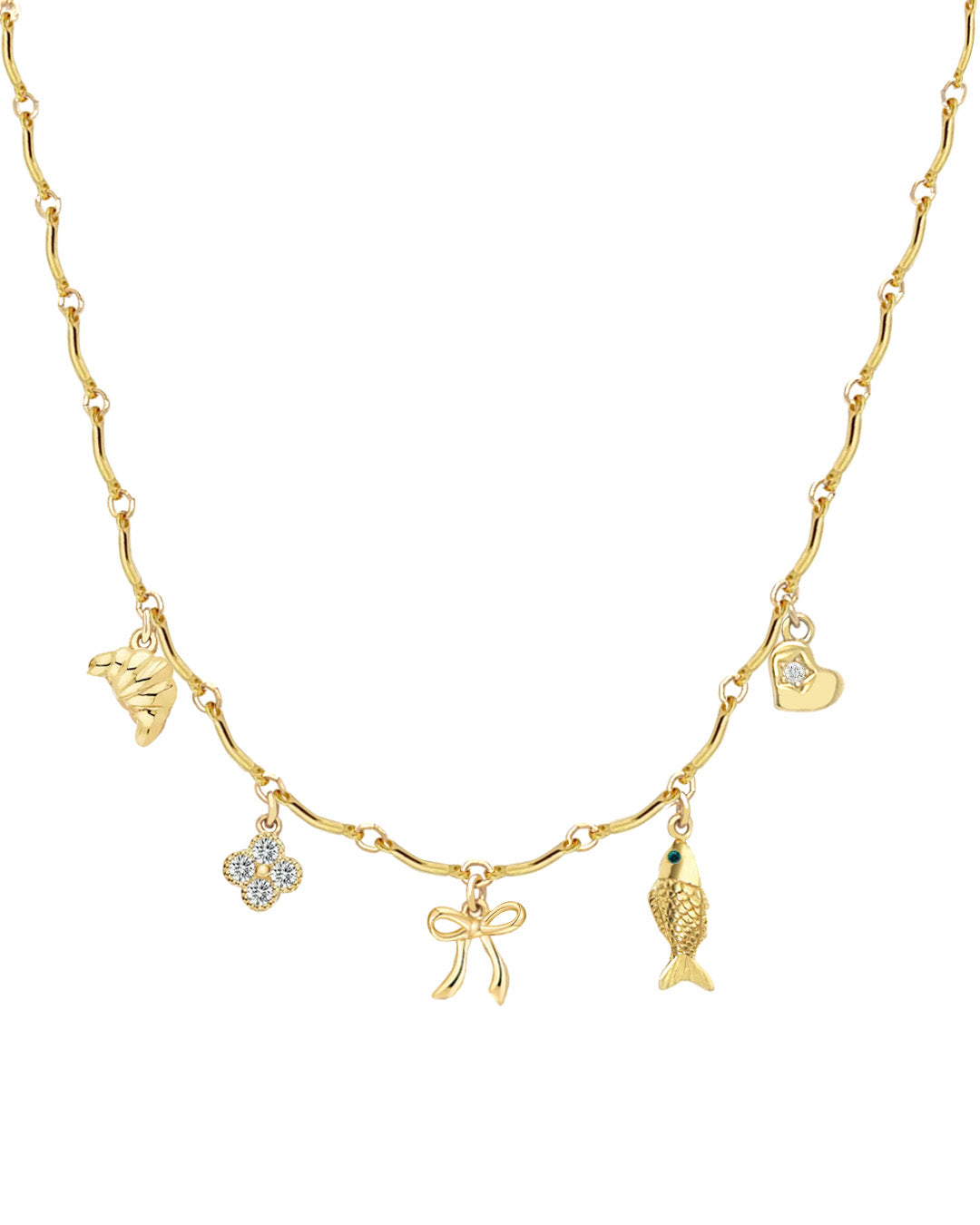 Gold curve bar charm necklace with various charms on a white background