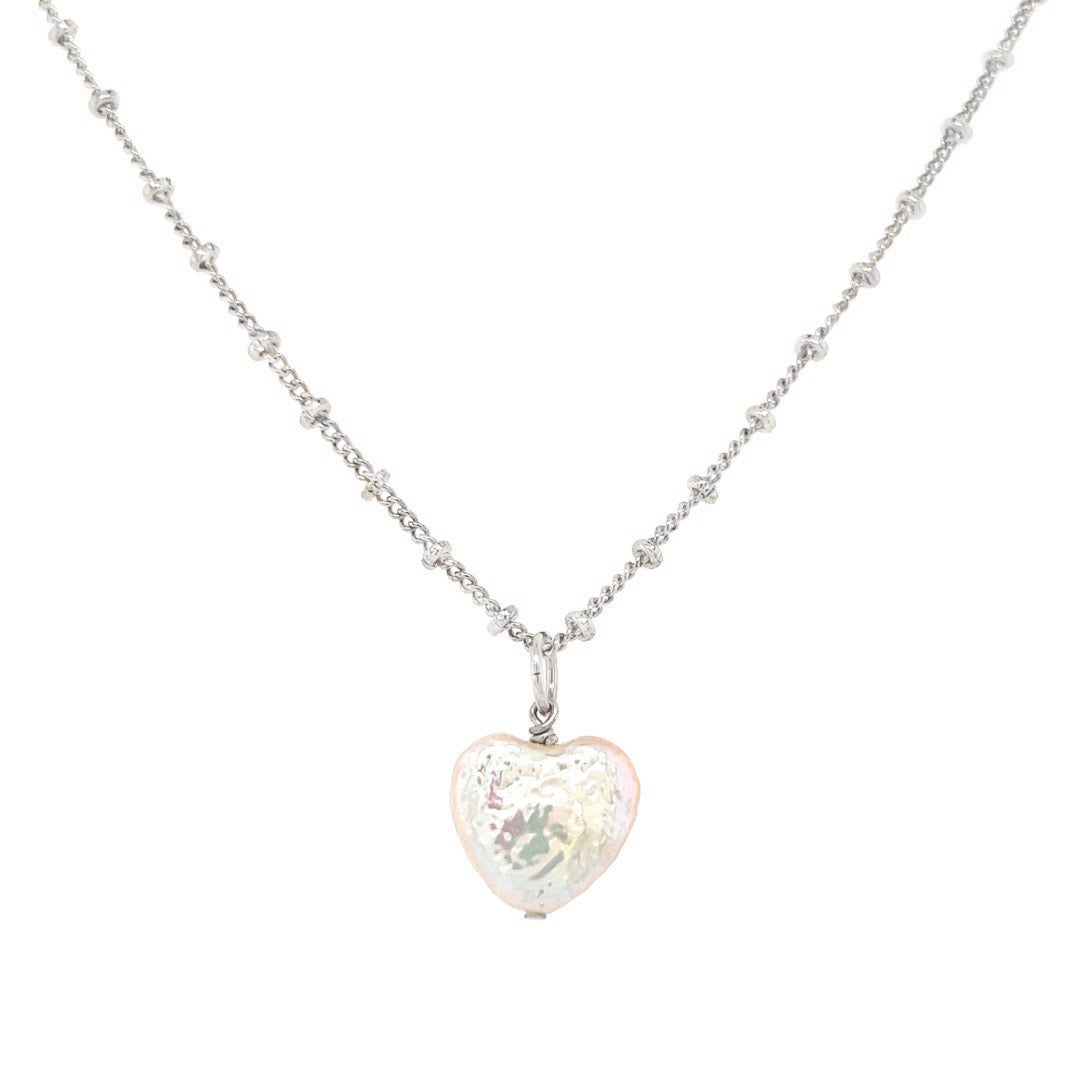 Silver Pearl Heart Necklace