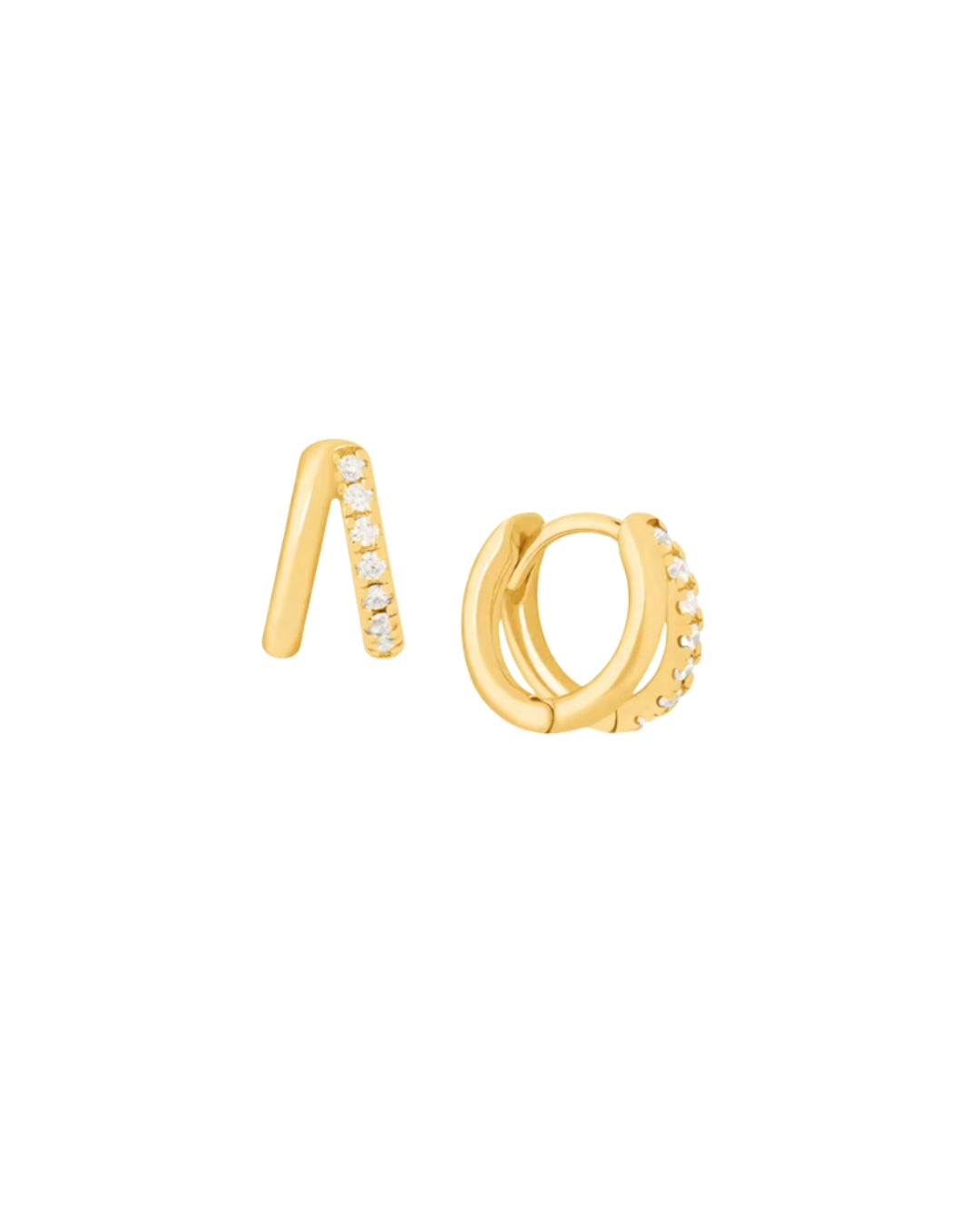 Gold Vermeil double-band huggie earrings with one pavé side and one polished side, displayed against a white background.