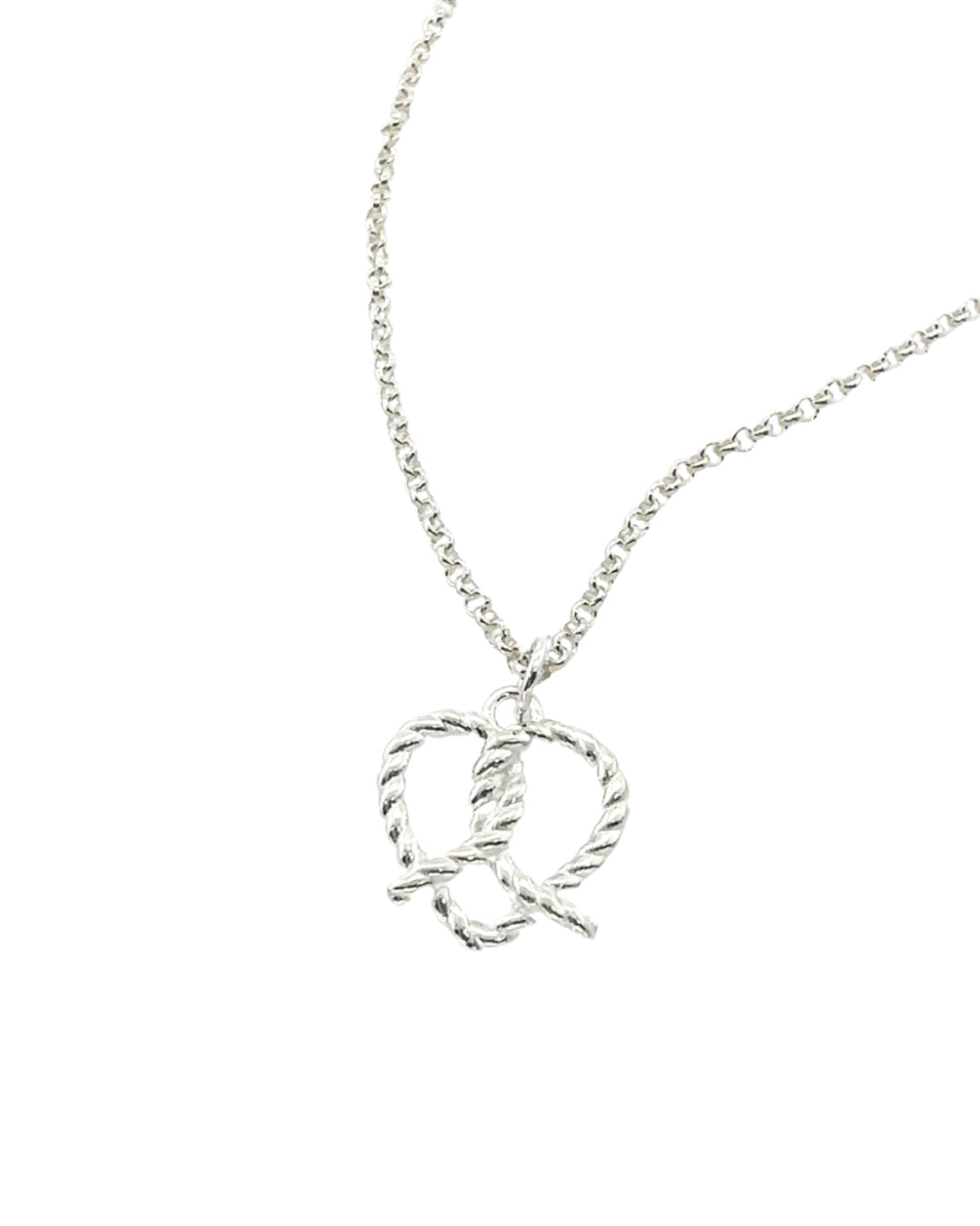925 Sterling Silver Pretzel Heart Pendant on a silver Rolo necklace chain