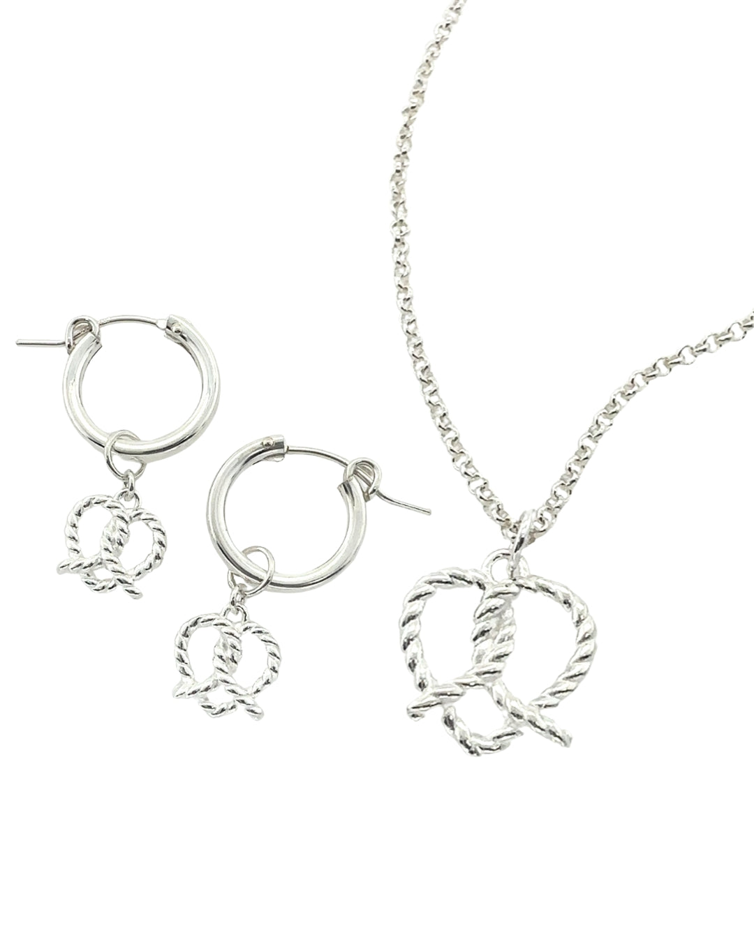 Sterling silver pretzel love heart necklace and earrings set. Ethically made in australia, tarnish resistant, for sensitive skin. Waterproof jewellery.