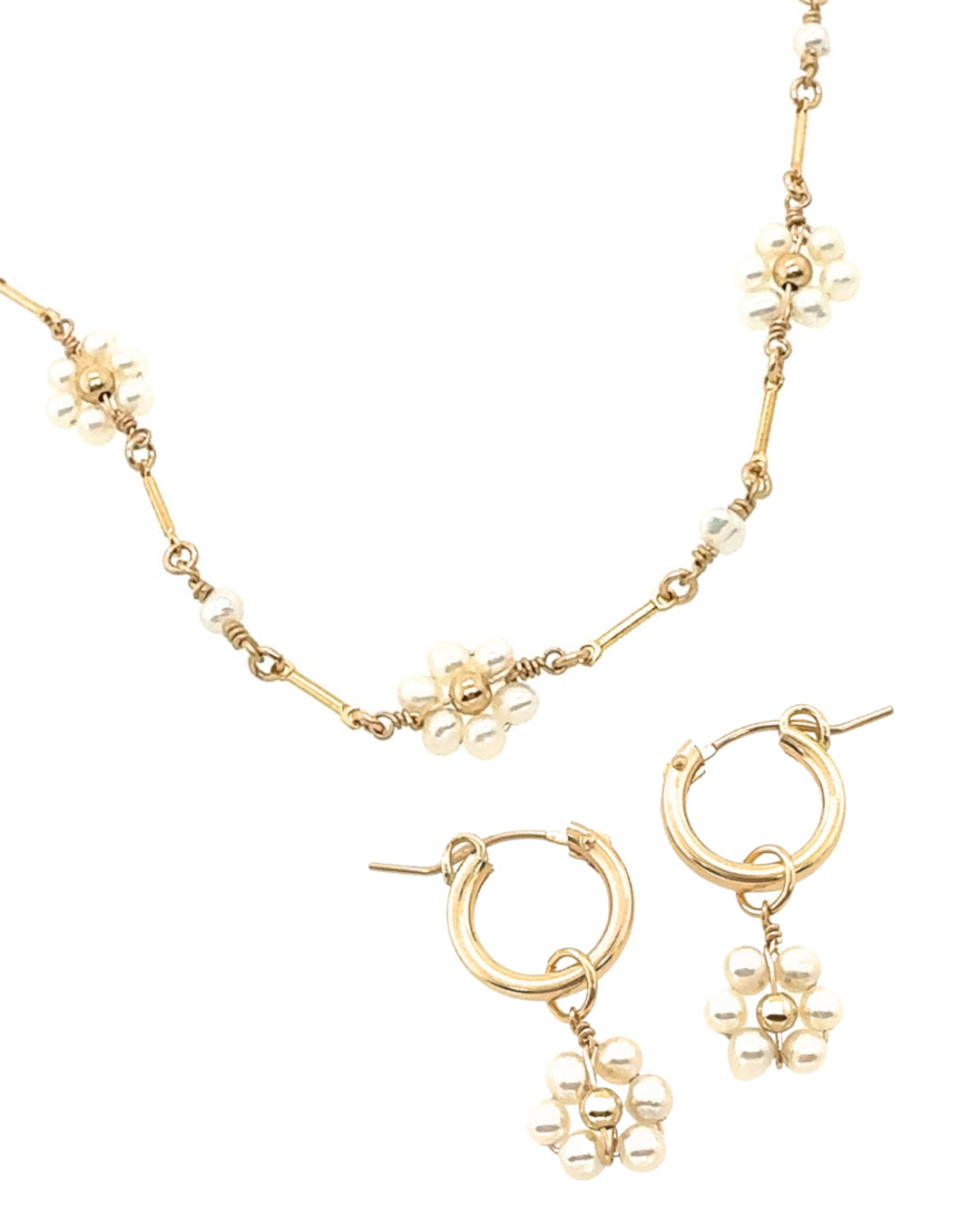 14k yellow gold fill Daisy Pearl necklace and pearl daisy charm hoops set
