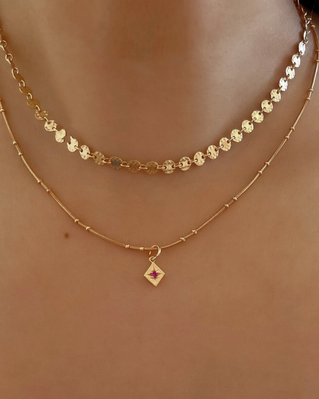 14k gold fill Asteria star mini pendant charm with pink ruby cubic zirconia diamond crystal. Made in Australia. July Birthstone pendant.