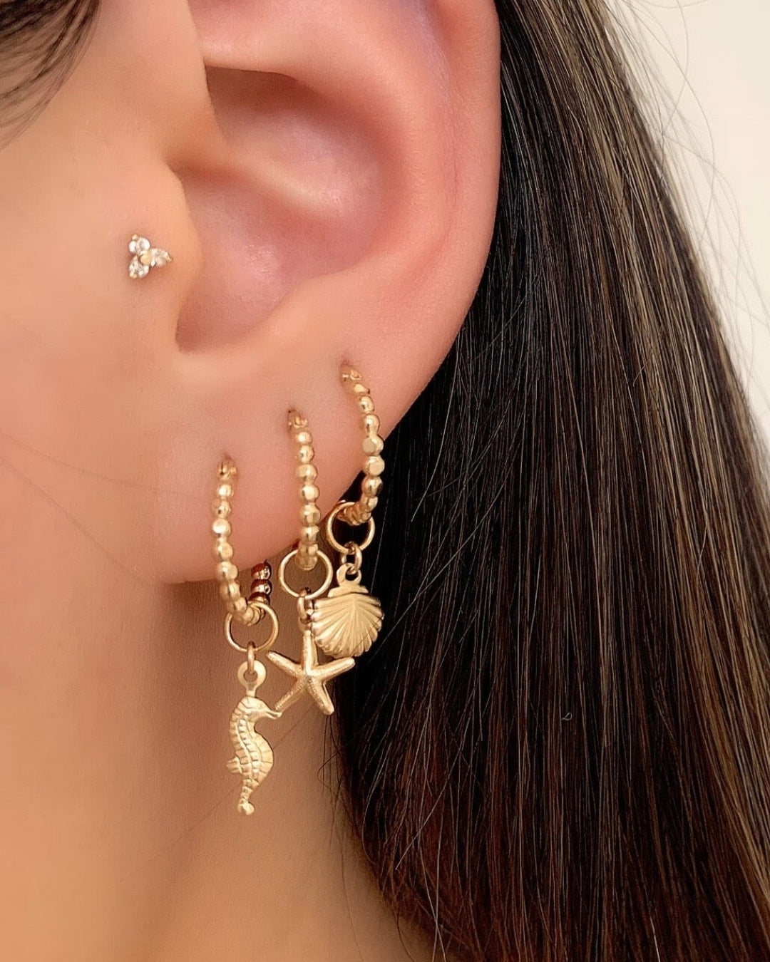 14k yellow gold fill seahorse starfish ocean seashell earring charm for huggie hoops. Made in Australia