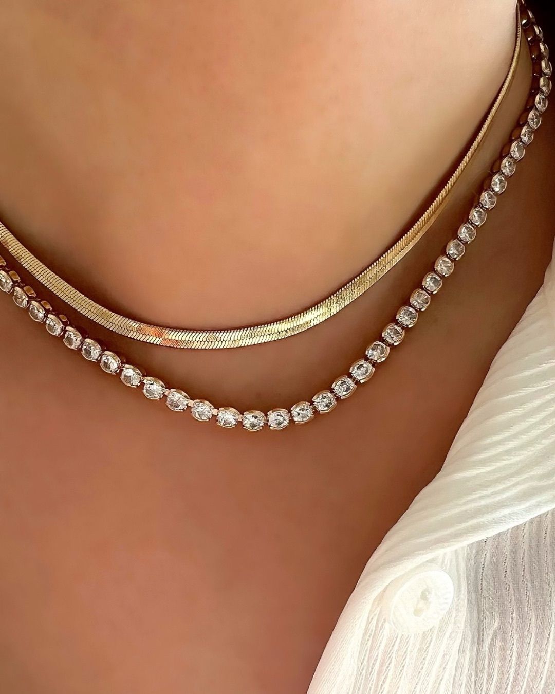 14k yellow gold fill classic crystal tennis white diamond choker necklace on a model