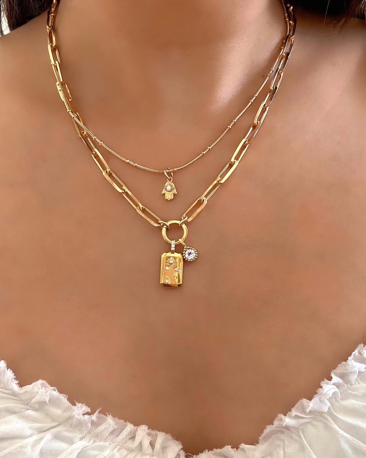Bold Annex Link Necklace paired with Constellation Pendant and Birthstone Pendant on a model