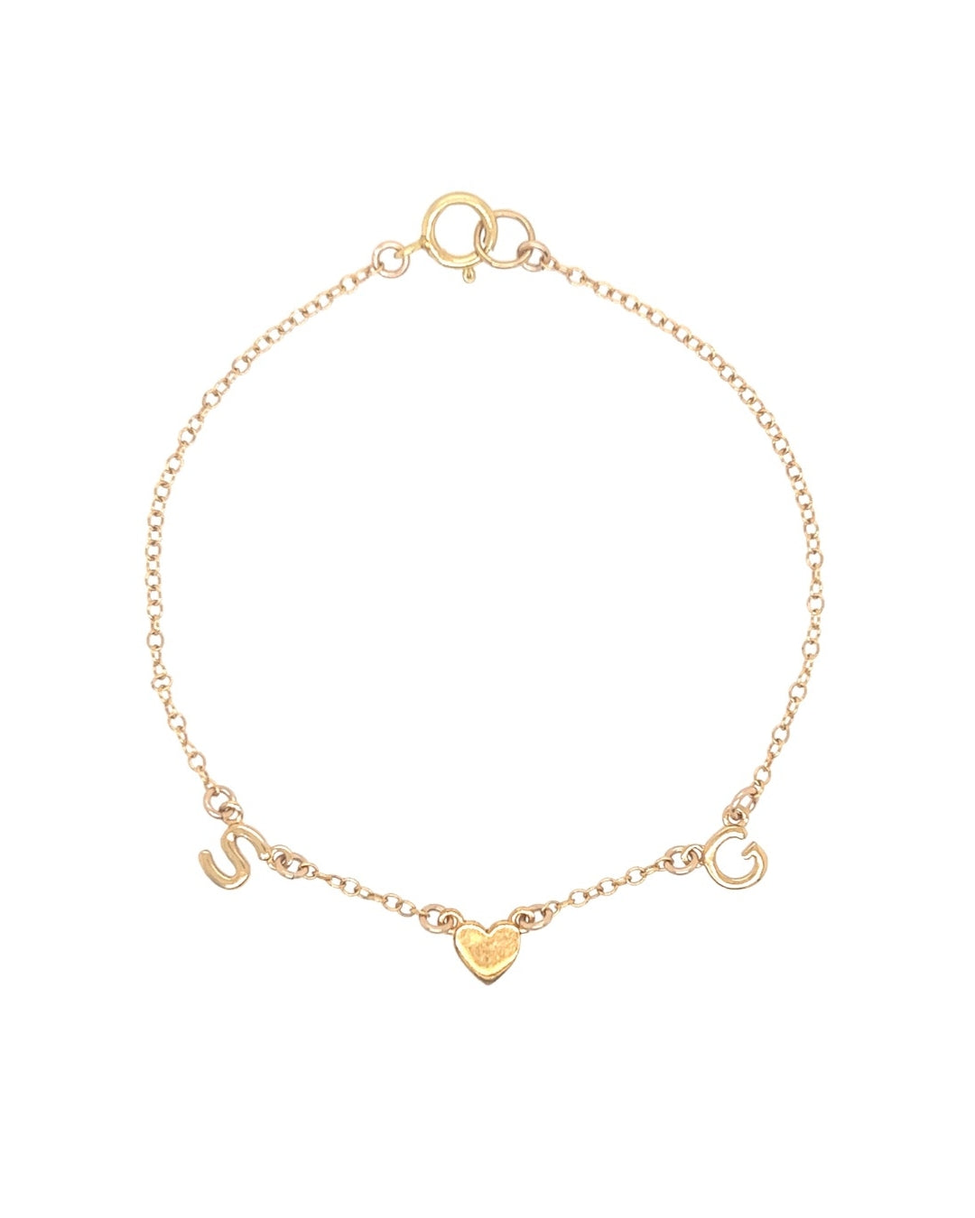 Customizable gold petite initial bracelet with the option to add up to 5 letters, gems or heart