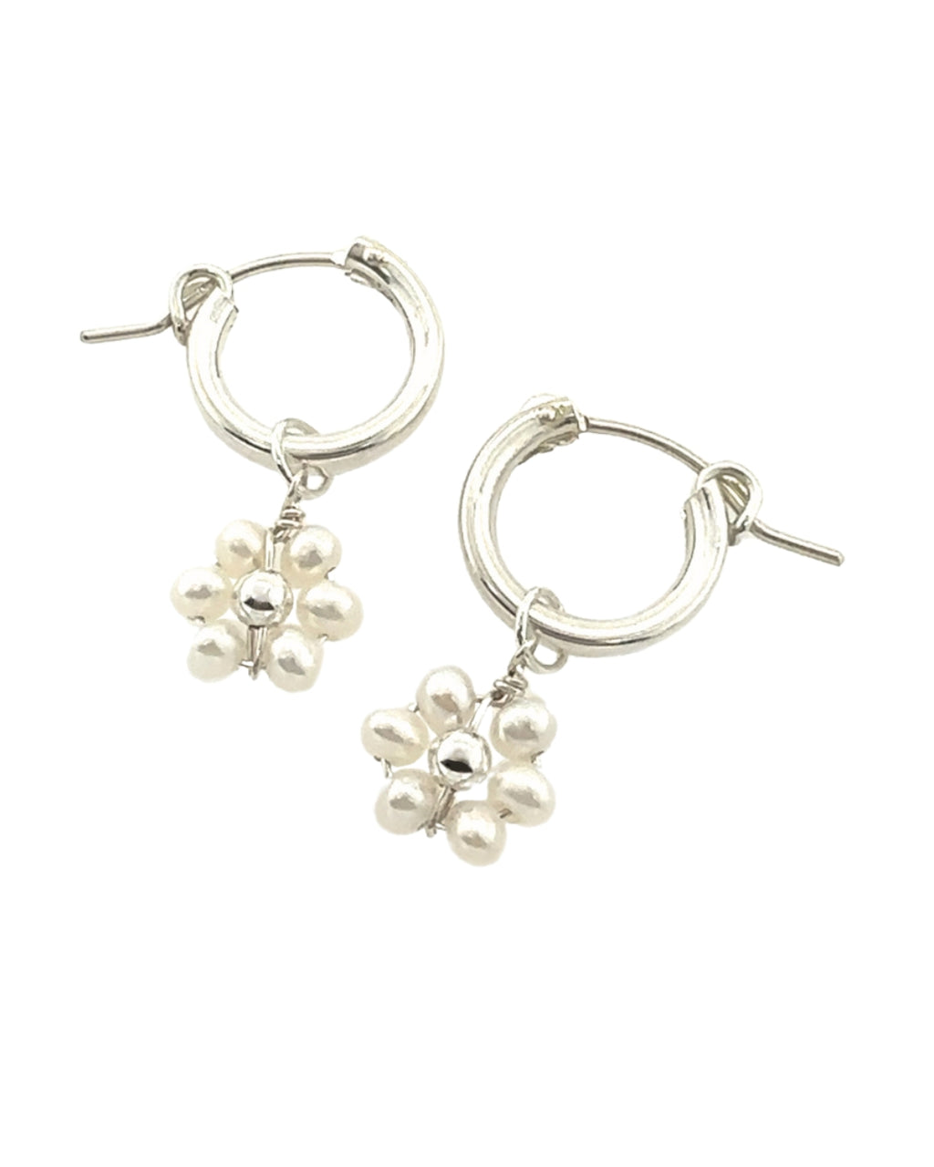Sterling Silver Daisy Pearl Hoop Earrings 