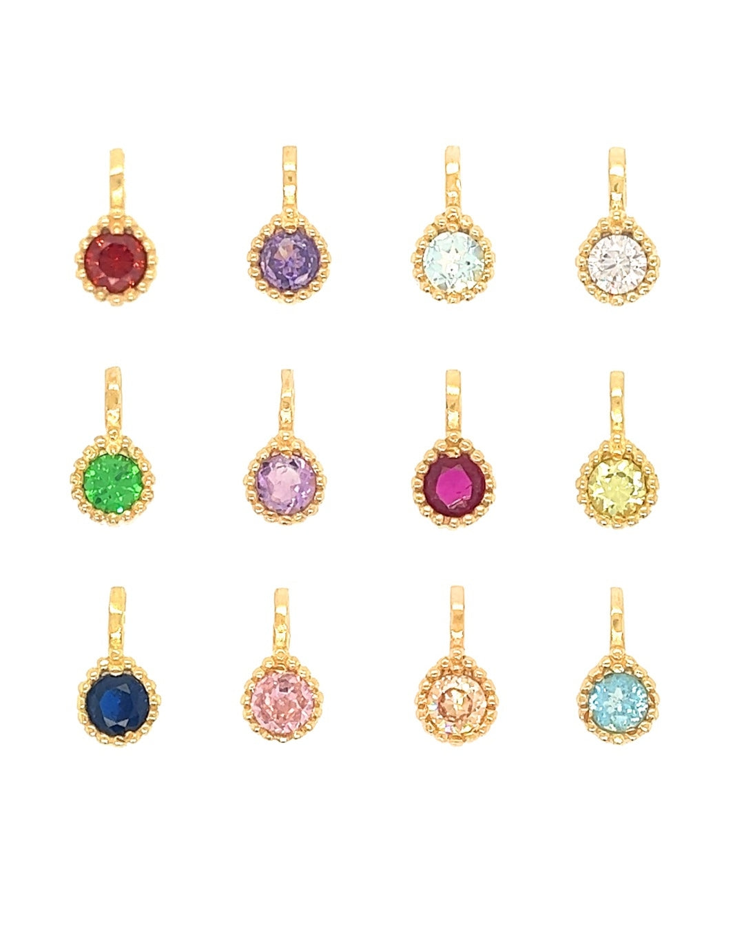 Gold Birthstone Pendants January Garnet February Amethyst March Aquamarine April Diamond May Emerald June Alexandrite July Ruby August Peridot September Sapphire October Tourmaline November Citrine December Topaz