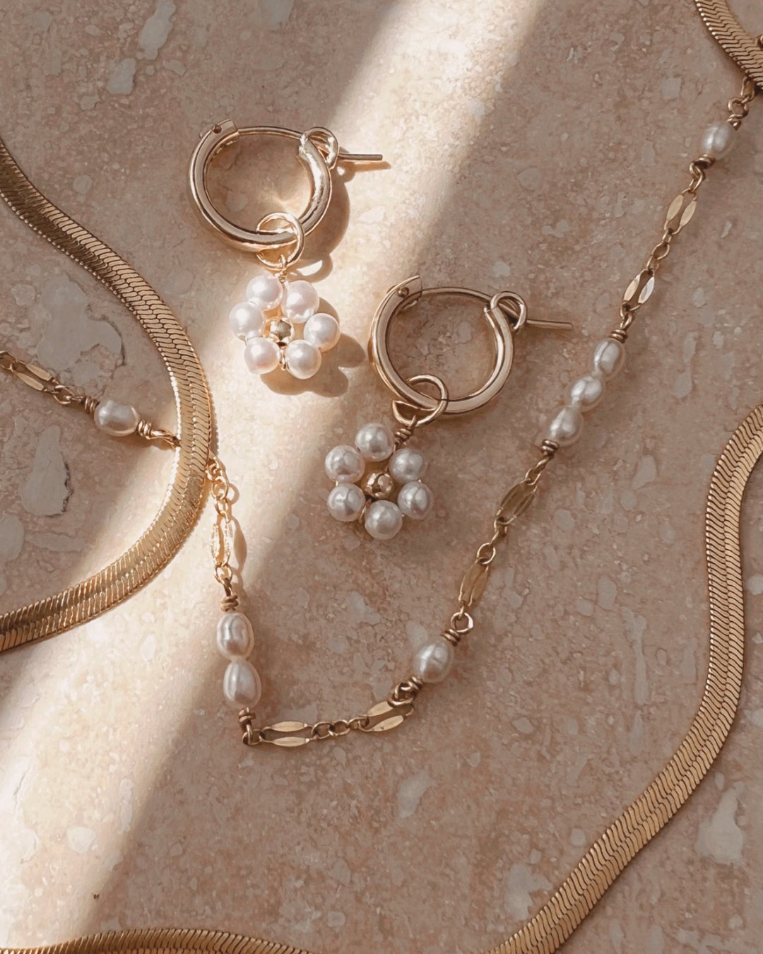 Gold Daisy Pearl Hoops Earrings and Stardust Pearl Choker Necklace