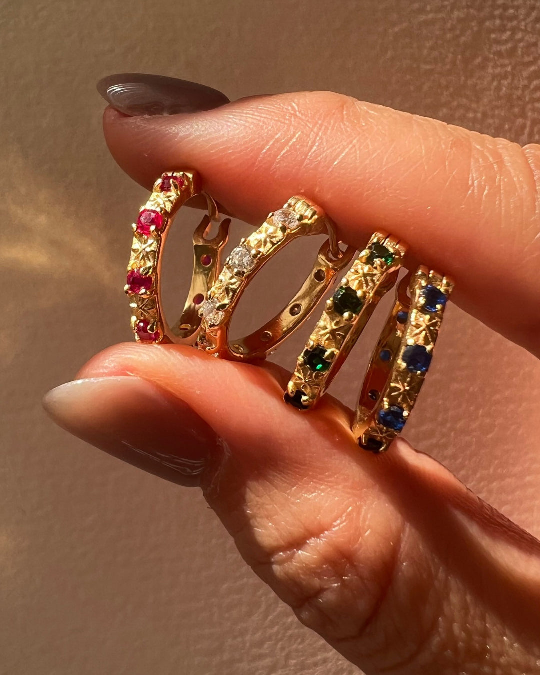 Gold Emerald Green North Star Hoops Earrings