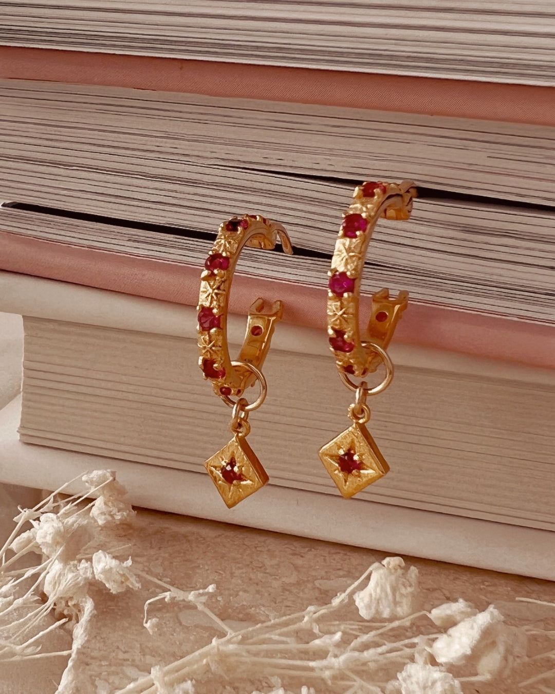 Gold Fill Ruby Red North Star Hoops Earrings with Gold Star Earring Charms