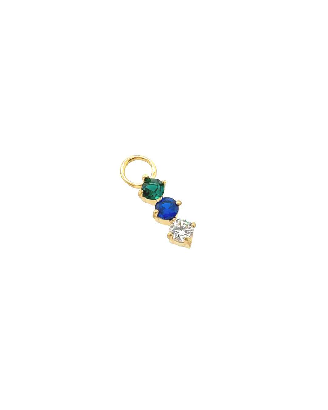 14k gold fill earring charm for hoops in emerald green, sapphire blue and white diamond cubic zirconia