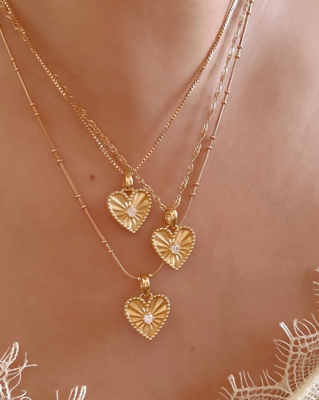 14k gold fill love heart pendant with diamond cubic zirconia centre with necklace chain on a model