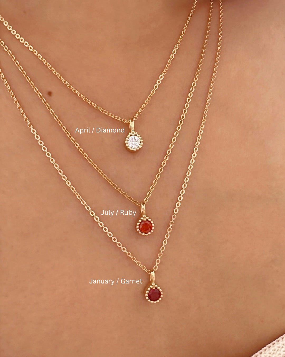 Gold Birthstone January Garnet Necklace Chain. February Amethyst March Aquamarine April Diamond May Emerald June Alexandrite July Ruby August Peridot September Sapphire October Tourmaline November Citrine December Topaz