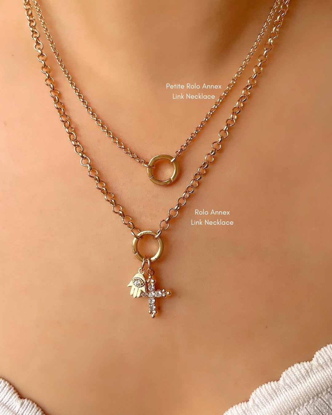 Gold petite Rolo annex link clasp necklace chain on a model