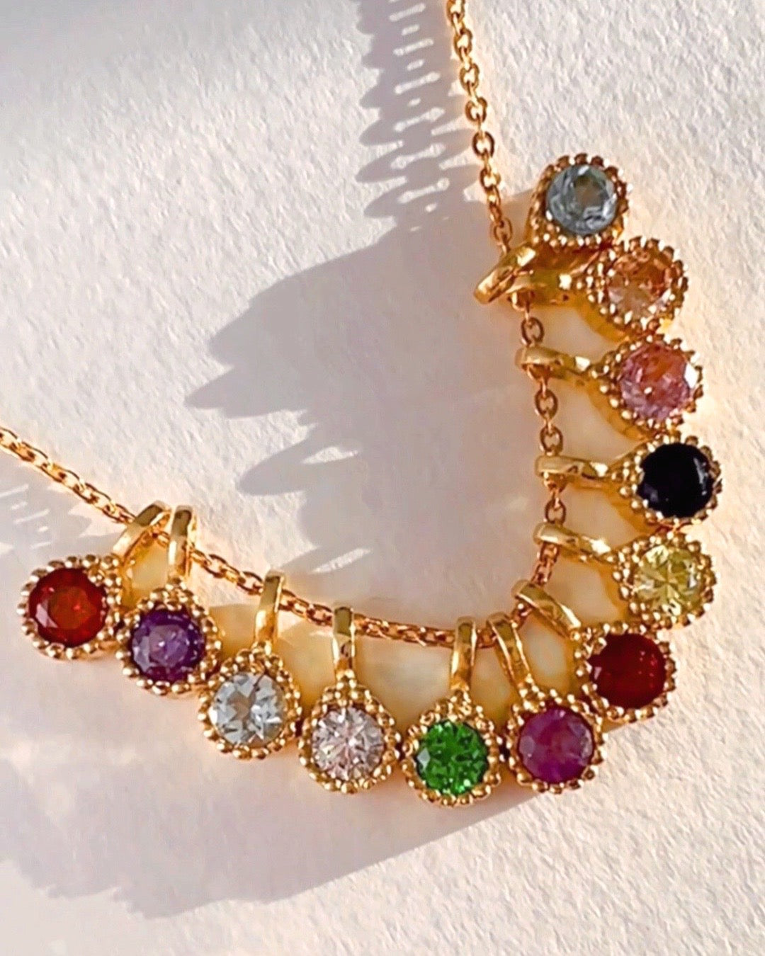 Gold Birthstone Necklace in 12 Colours and Months, including January Garnet, February Amethyst, March Aquamarine, April Diamond, May Emerald, June Alexandrite, July Ruby, August Peridot, September Sapphire, October Tourmaline, November Citrine and December Topaz Cubic Zirconia Crystals