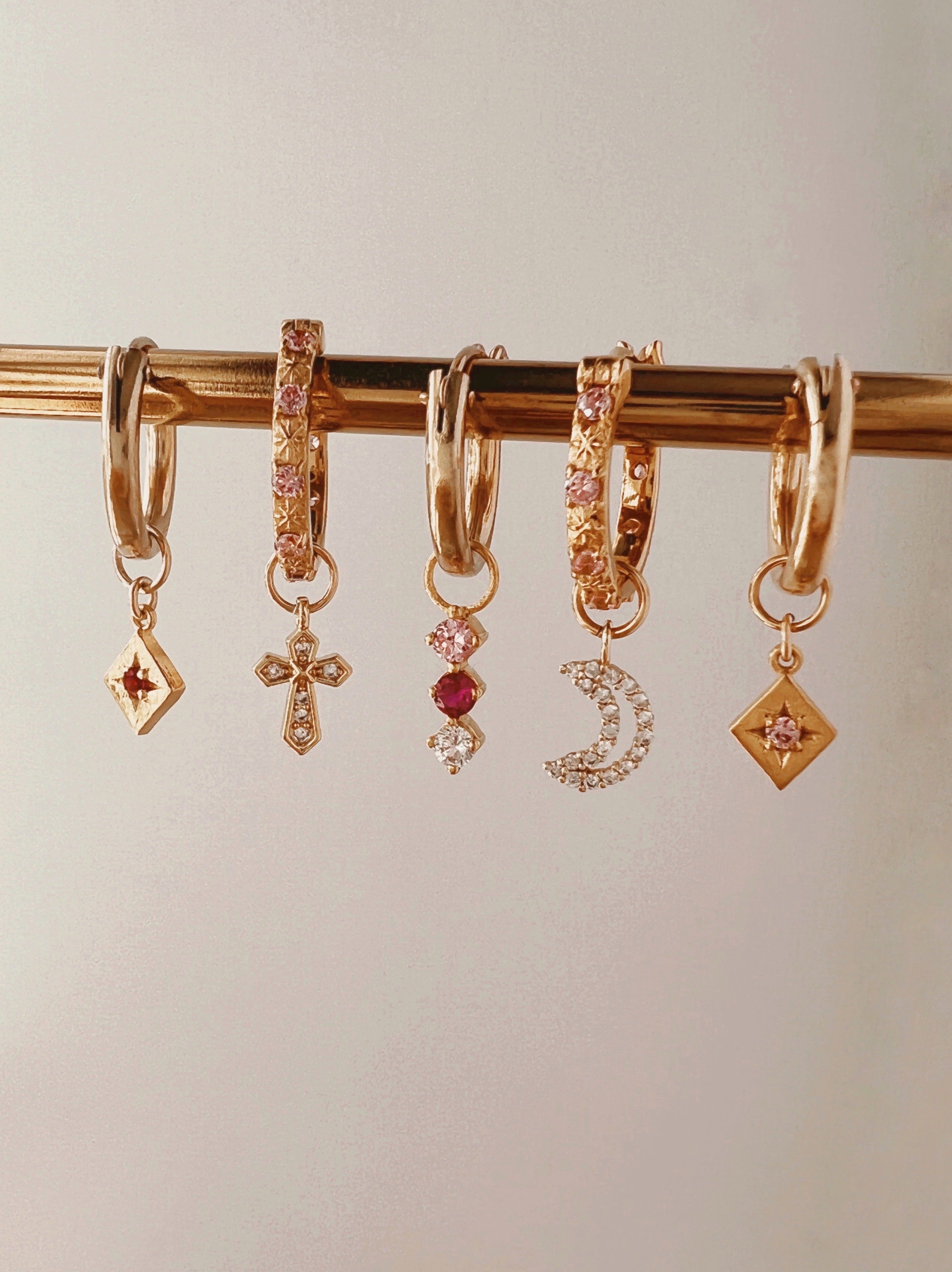 14k gold fill earring charm for hoops in ruby red, pink tourmaline and white diamond cubic zirconia
