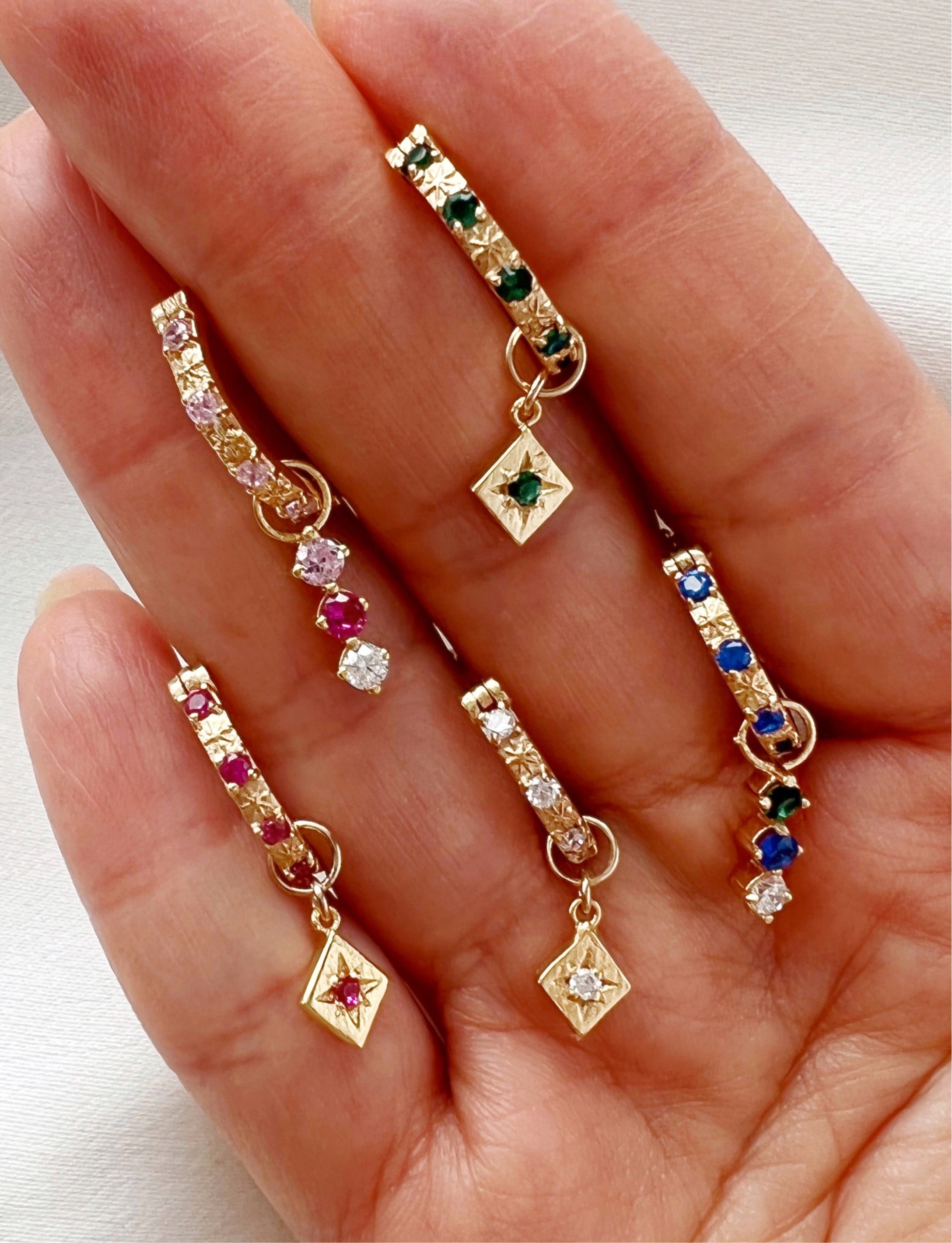 14k gold fill earring charm for hoops in ruby red, pink tourmaline and white diamond cubic zirconia