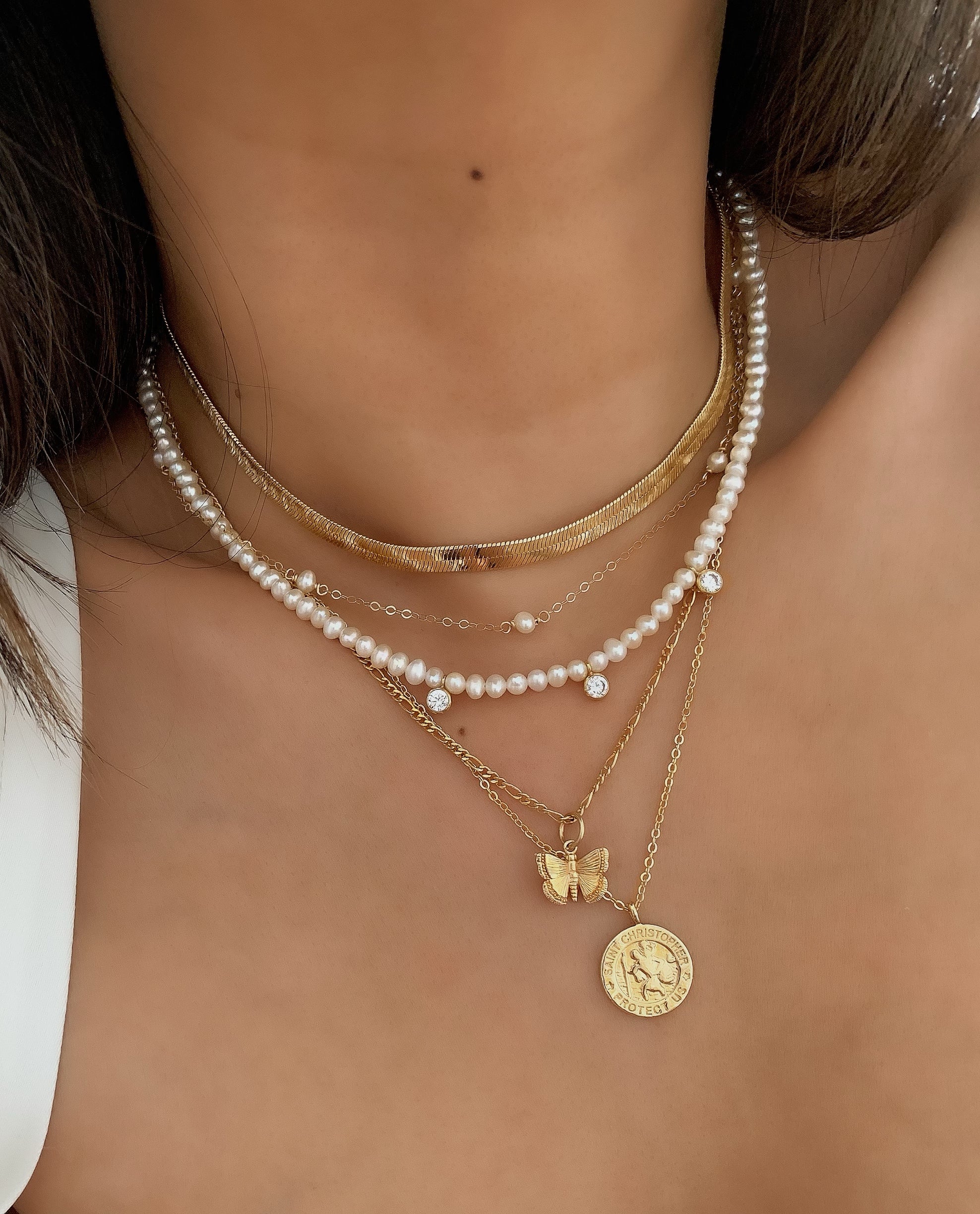 14k gold fill serpentine herringbone chain necklace choker on a model