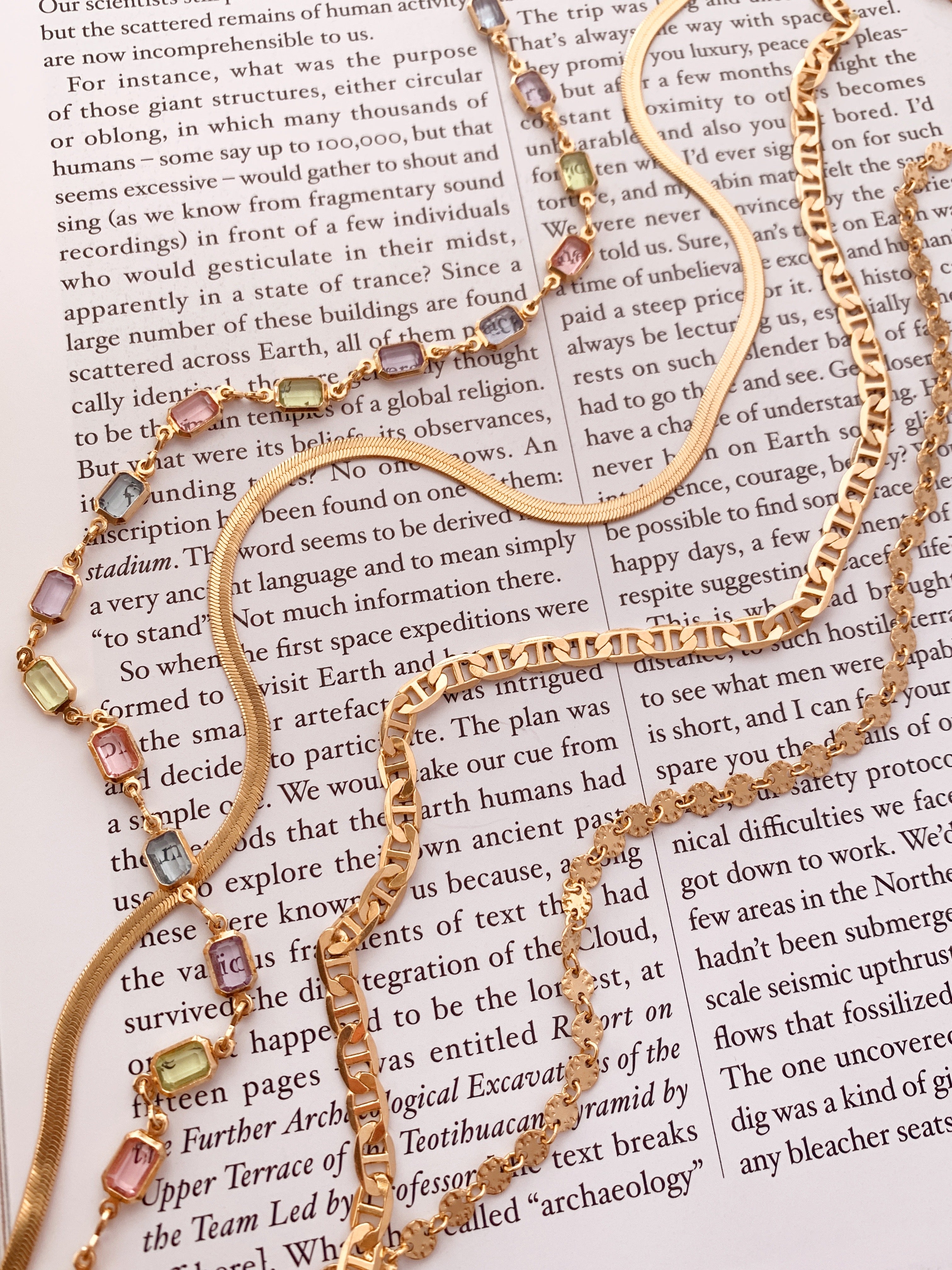 Gold fill necklace in pink, blue and purple bezel gems