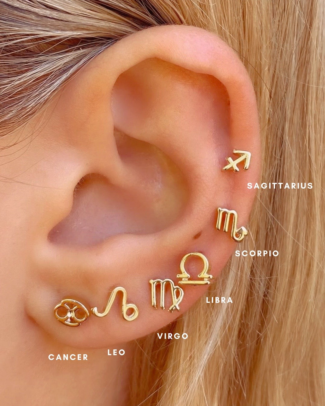 14k gold fill small zodiac horoscope stud earring on a model