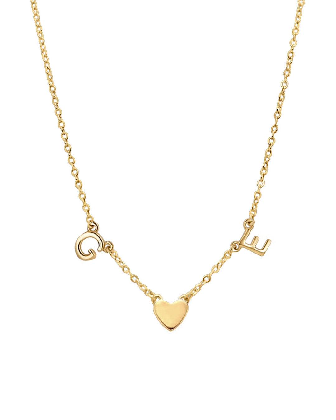 Gold-filled necklace with 2 letter charms and 1 gold heart charms evenly spaced on a petite rolo chain, styled on neutral-toned flatlay background