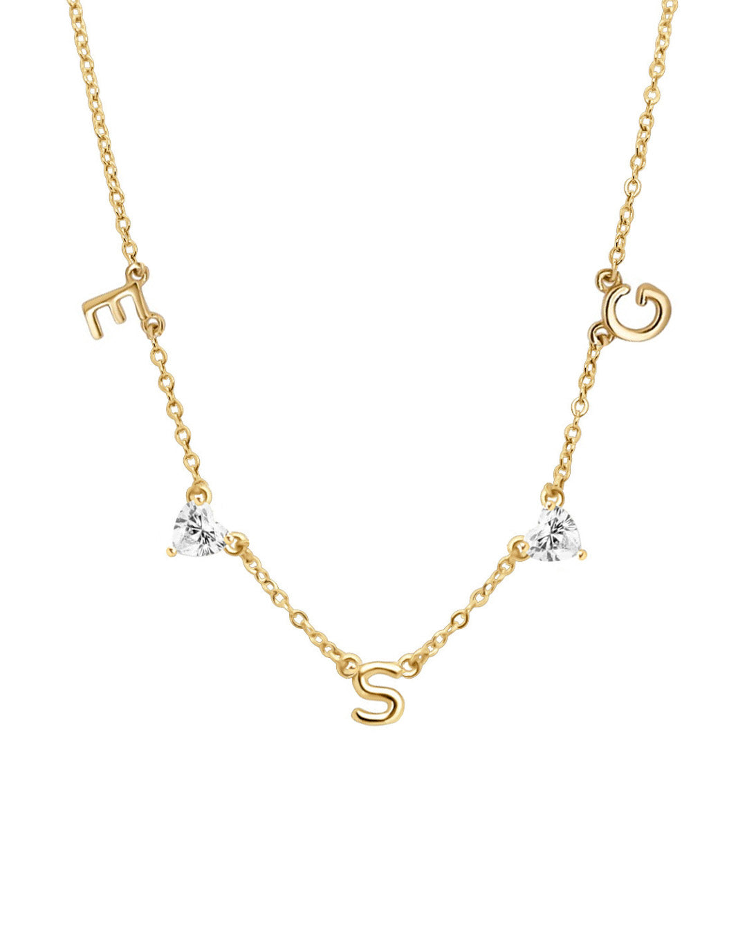 Gold-filled necklace with 3 letter charms and 2 heart gems evenly spaced on a petite rolo chain, styled on neutral-toned flatlay background