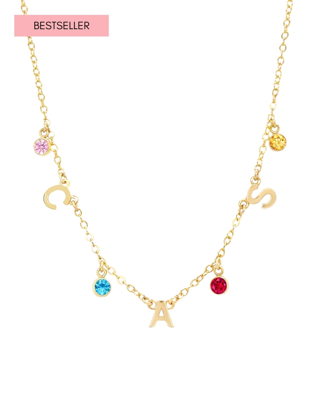 A dainty gold initial birthstone necklace featuring personalized letter and birthstone charms, elegantly displayed on a fine gold chain. Perfect for everyday wear and meaningful gifting.