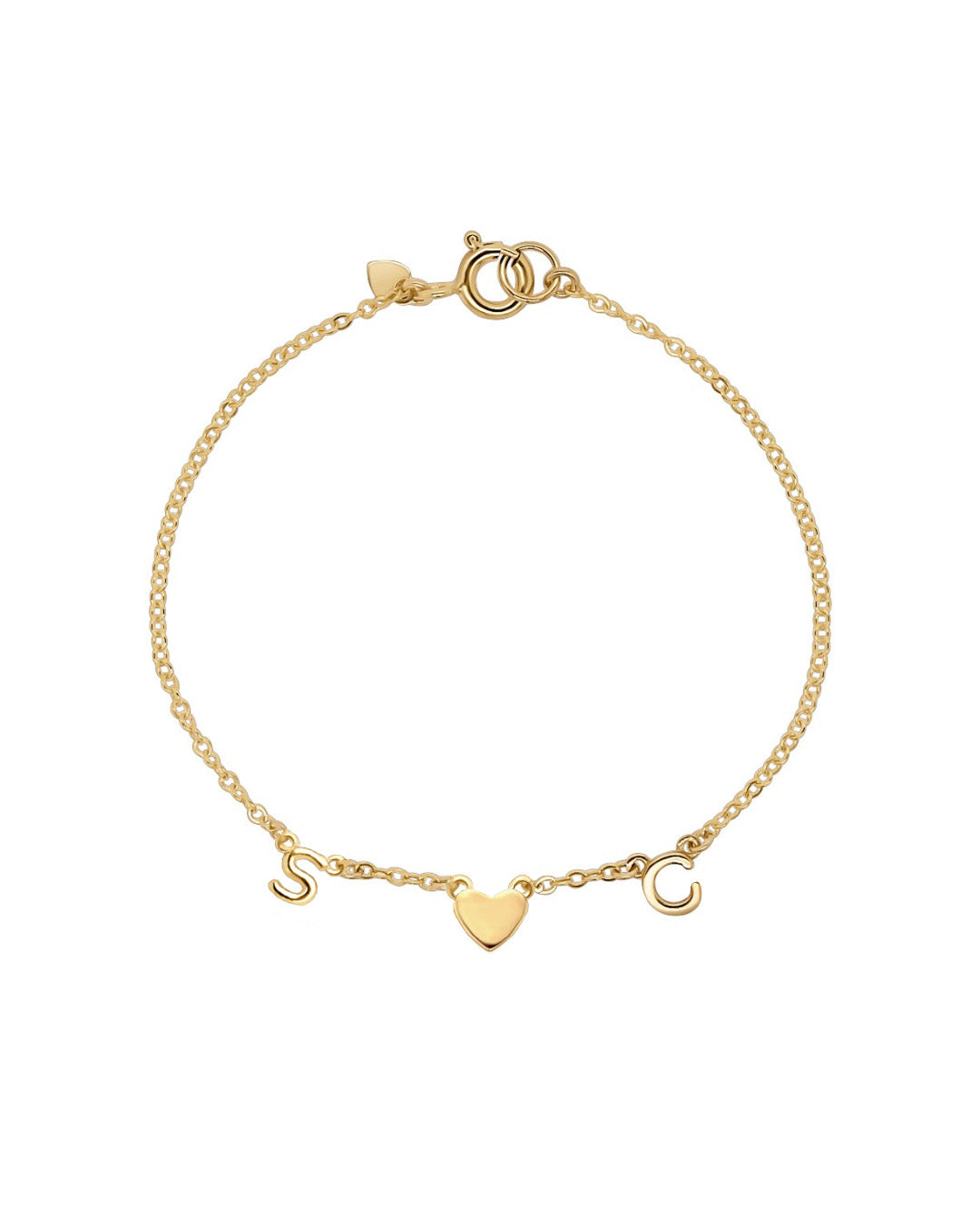 Gold bracelet with initial letter S and C and gold heart charms on a white background
