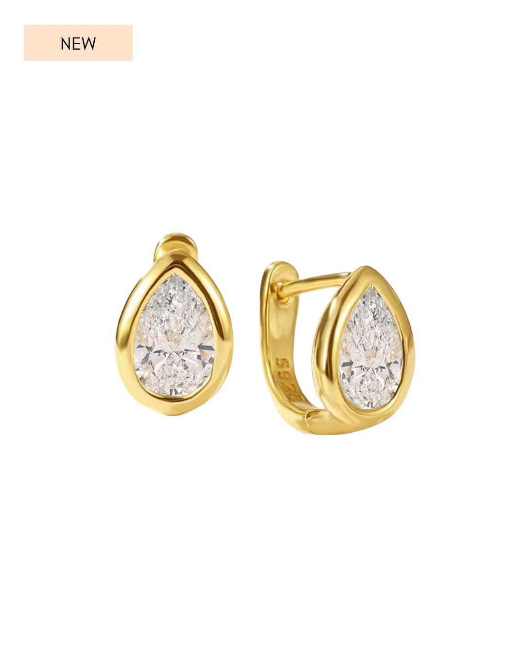 Gold vermeil huggie hoop earrings with statement teardrop-shaped gemstone on a white background