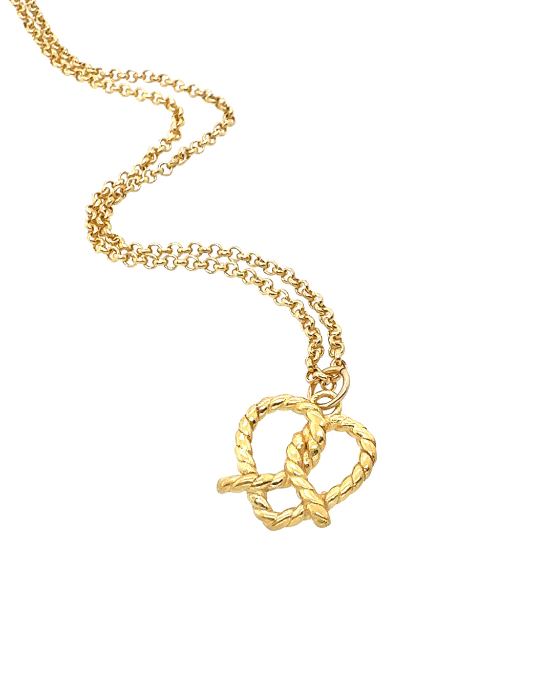 14k yellow gold fill pretzel heart pendant on a gold Rolo necklace chain 