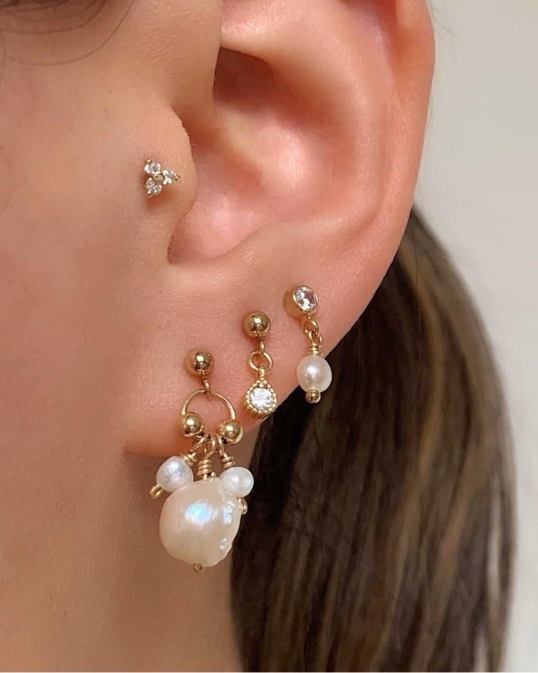 Budding Rose mini earrings with a cluster of baroque pearl and seed pearls on gold fill studs, designed and made in Australia. Delicate pearl cluster earrings for a natural, timeless look.