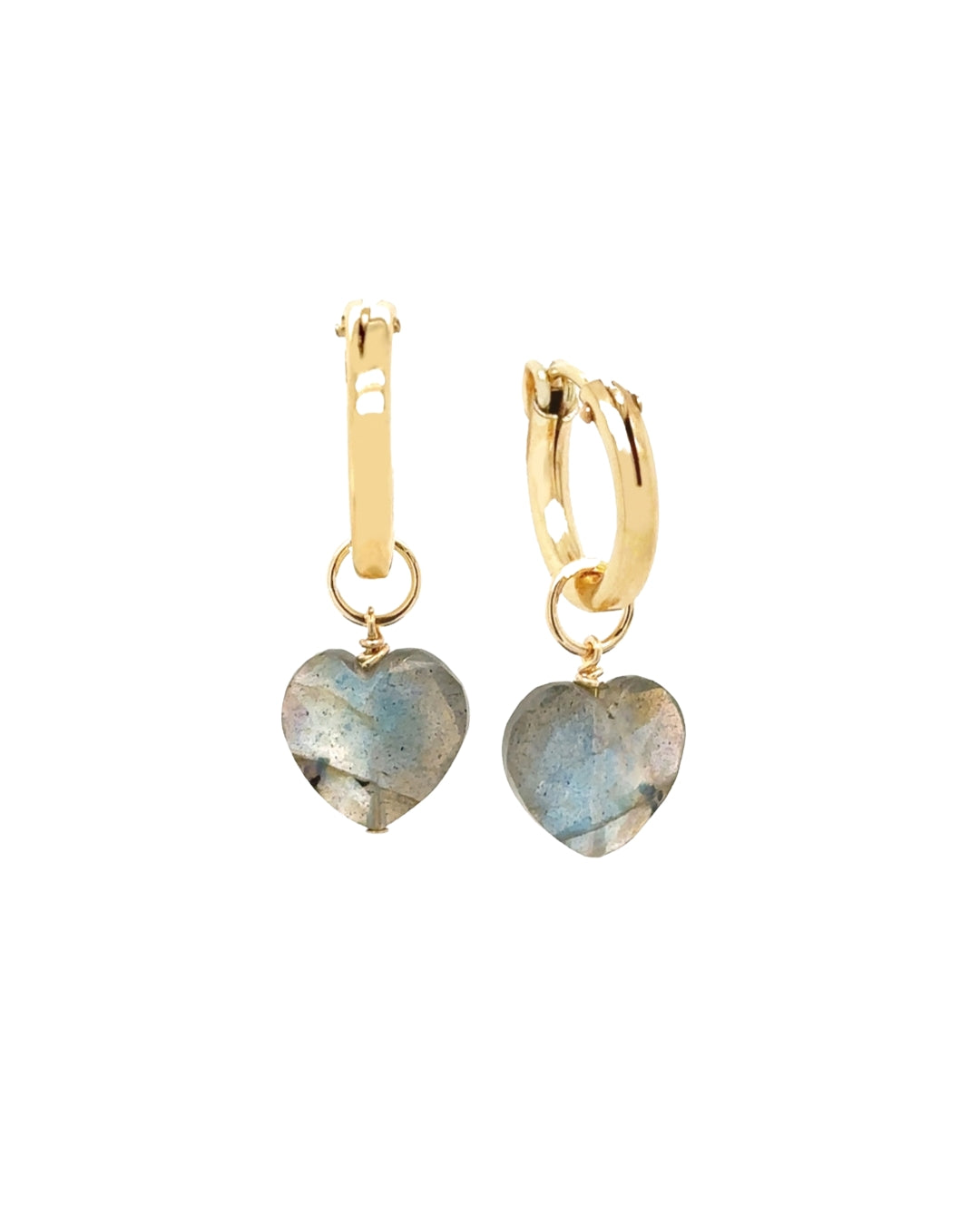 Labradorite heart charm hoops with removable blue-green gemstone charms on gold hoops, designed and handcrafted in Melbourne, Australia. Mystical labradorite earrings for added color and positive energy.