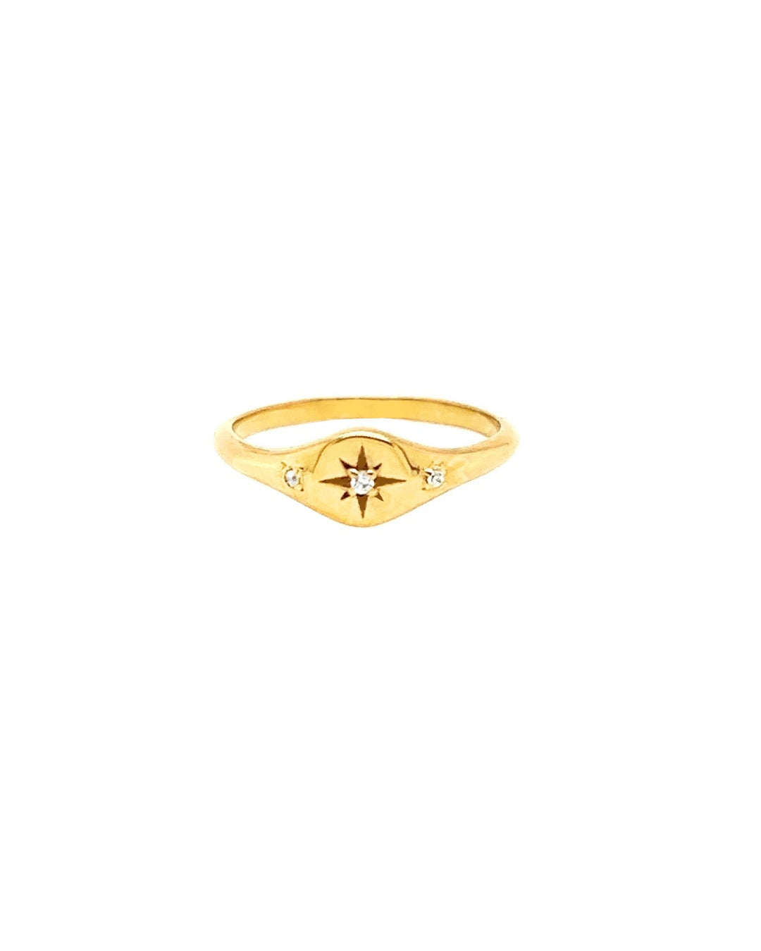 14k gold fill Star signet ring with crystal encrusted North Star centre flanked with 2 micro pave cubic zirconia crystals on shoulder of ring. 