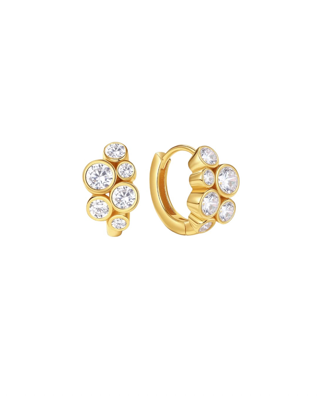 Gold vermeil bubble cluster huggies on a white background 