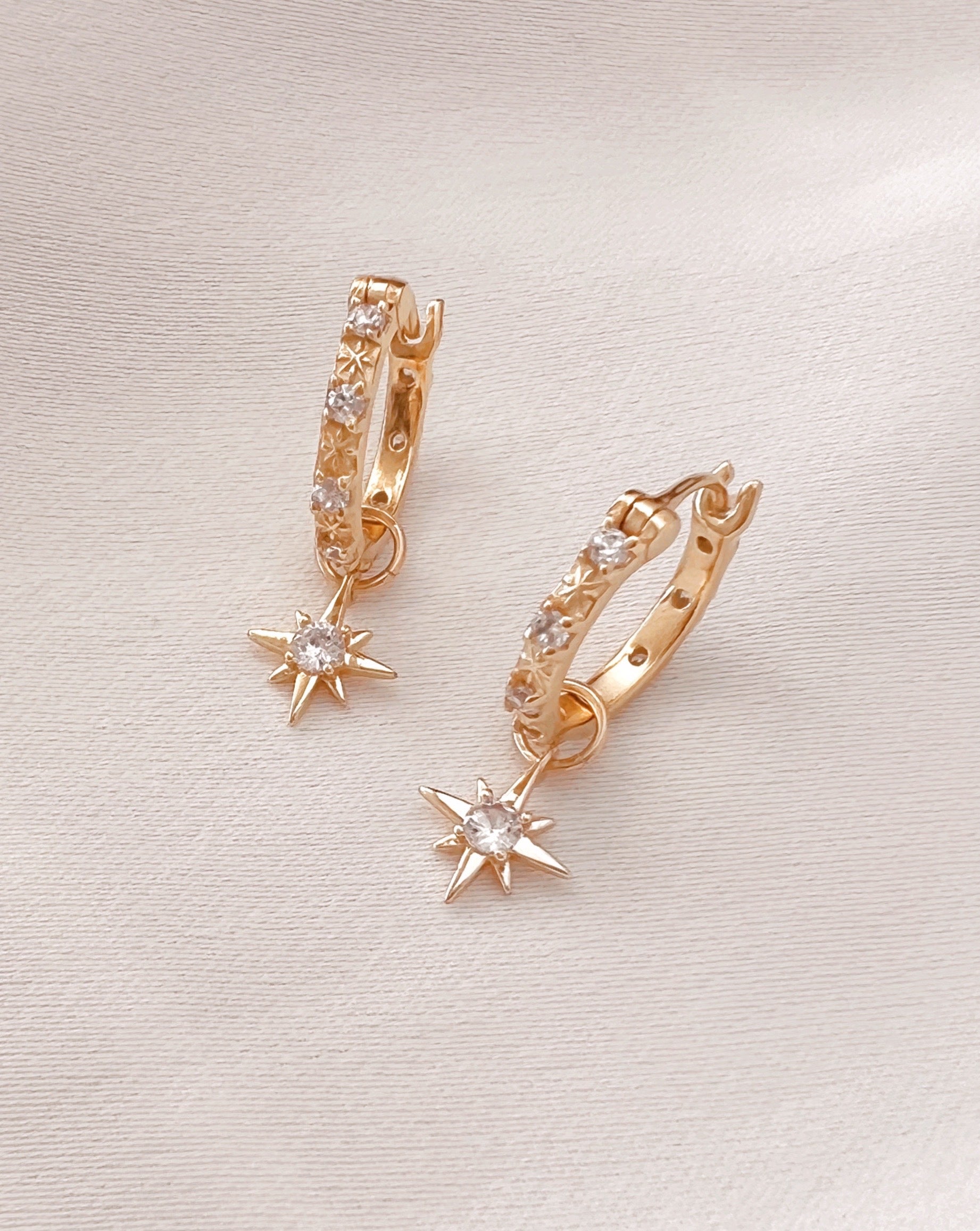 Gold fill white crystal star hoops earrings with gold North Star earring charms 