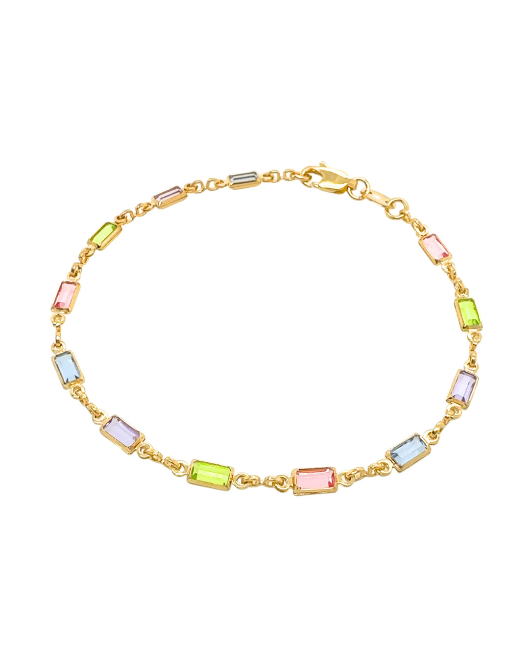 Gold fill bracelet in pink, blue and purple bezel gems 