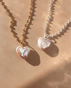 Silver Pearl Heart Pendant on a Sterling Silver Dot Chain Necklace and Gold Pearl Heart Pendant on a Gold Fill Dot Chain Necklace