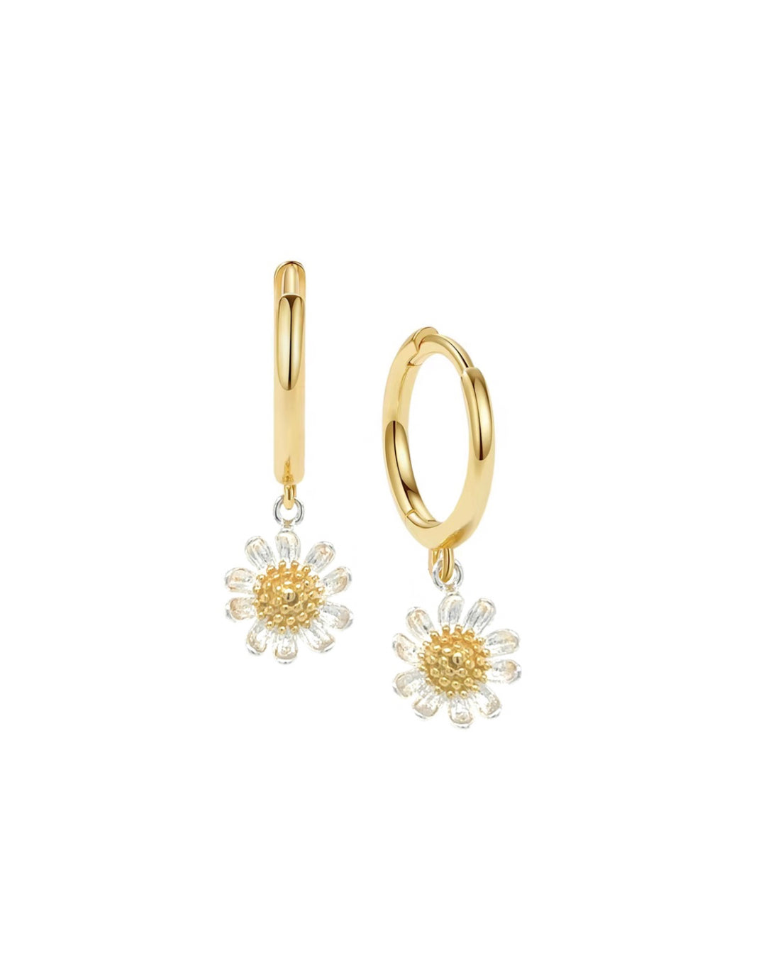 Gold Daisy Bloom Hoops featuring gold vermeil huggie hoops with two-tone daisy charms, made from sterling silver petals and gold centre. Dainty floral hoop earrings by Australian jewellery brand Romyli.