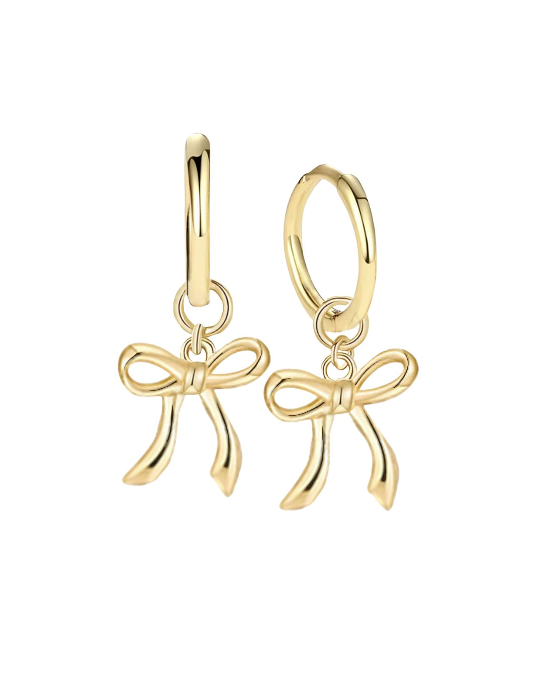Gold bow-shaped hoop earrings on a white background