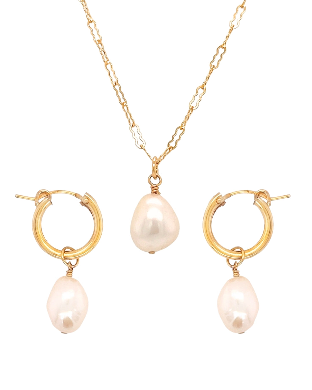 Gold Moondrop Pearl Necklace and Hoop Earrings set