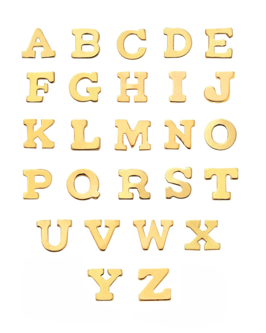 Gold alphabet letters on a white background