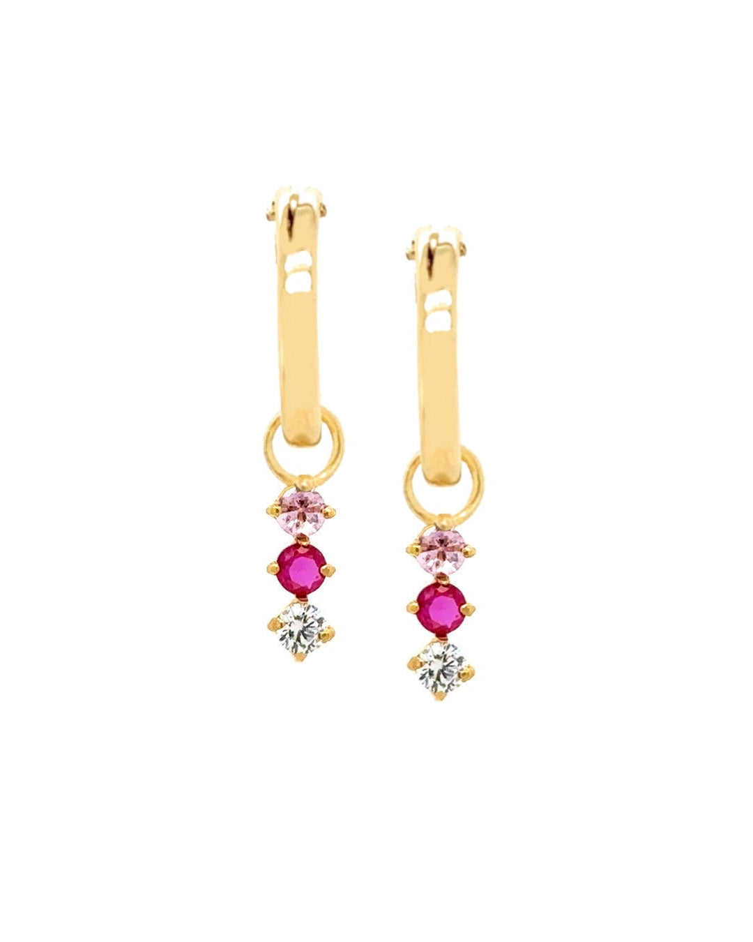 14k gold fill tourmaline charm hoops with removable pink tourmaline and cubic zirconia drops, dainty lightweight gemstone hoop earrings. 