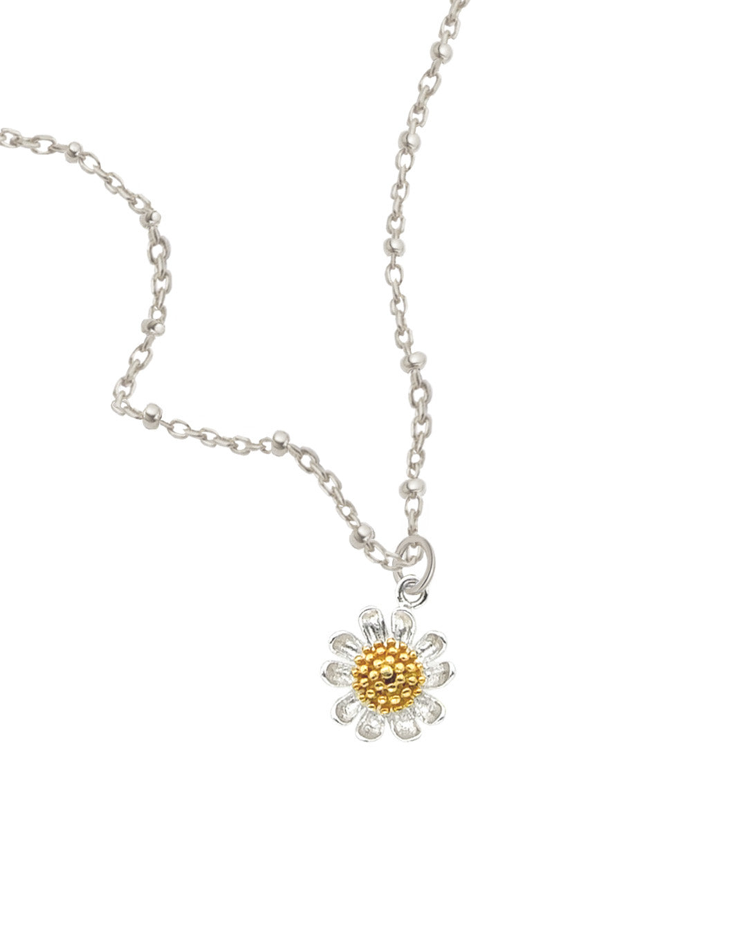 Sterling silver Daisy Bloom Necklace with a delicate silver satellite chain and two-tone daisy pendant, featuring sterling silver petals and a soft gold centre. Dainty floral necklace by Australian jewellery brand Romyli.