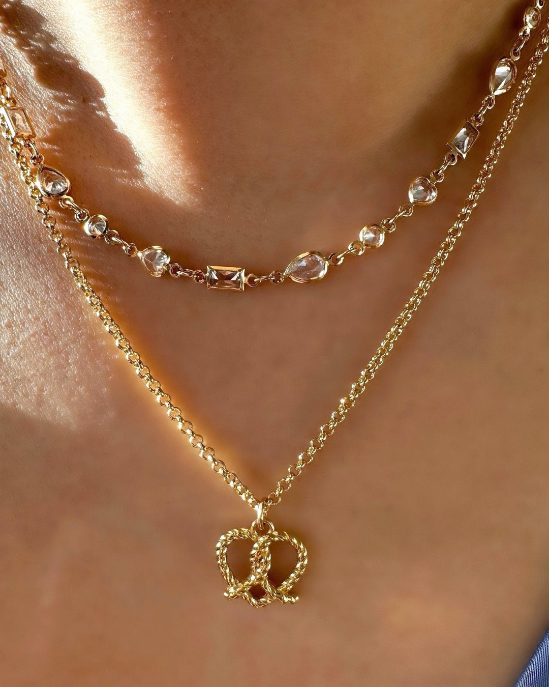 14k yellow gold fill bezel tennis necklace. Heart, Rectangle, Teardrop, Brilliant cut tennis necklace. Made in Australia. 