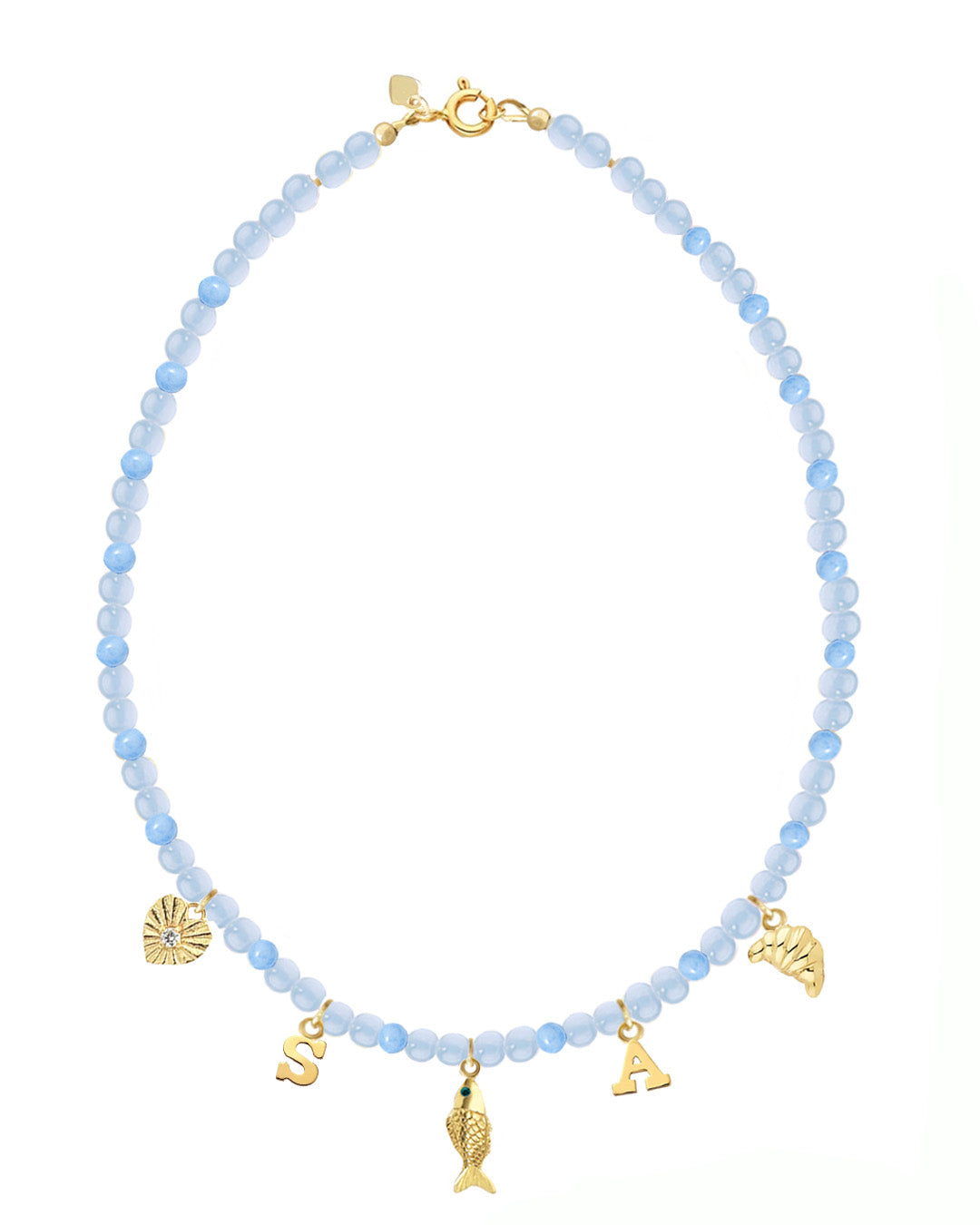 Necklace with blue aquamarine gemstone bead charm necklace and gold charms on a white background